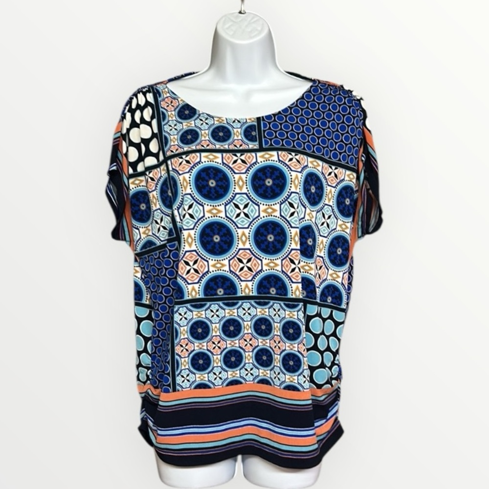 Chico's Geometric Blue Orange Stretchy Print Top Casual Travel Vacay Vibe